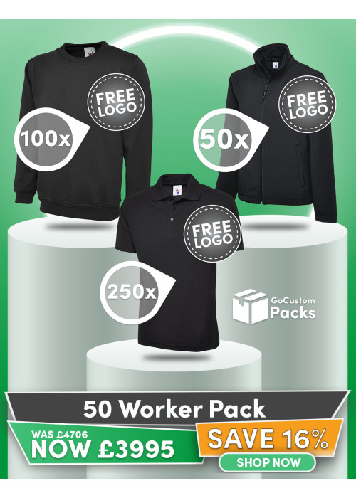 An amazing value 50 worker bundle of our best selling workwear with FREE CUSTOMISATION and FREE DELIVERY included.