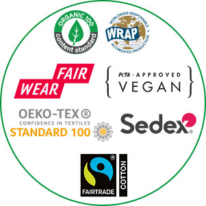 organic, peta vegan approved, sedex, fairtrade, oeko-tex, fair wear, wrap